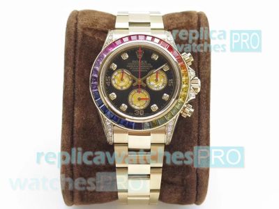 Swiss 7750 Replica Rolex Rainbow Daytona Mens Watch Gold Diamond